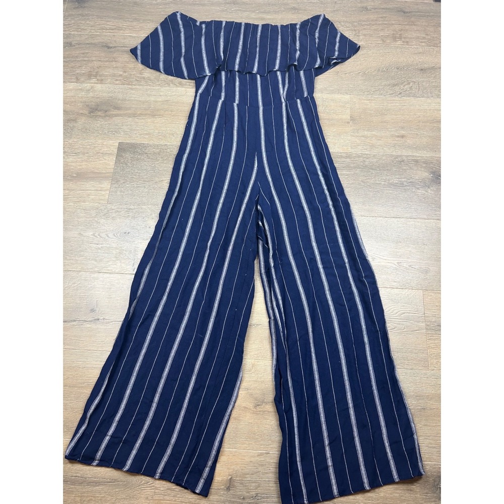 Altar'd State Navy Blue White Striped Off Shoulder Ruffle Wide Leg Jumpsuit M